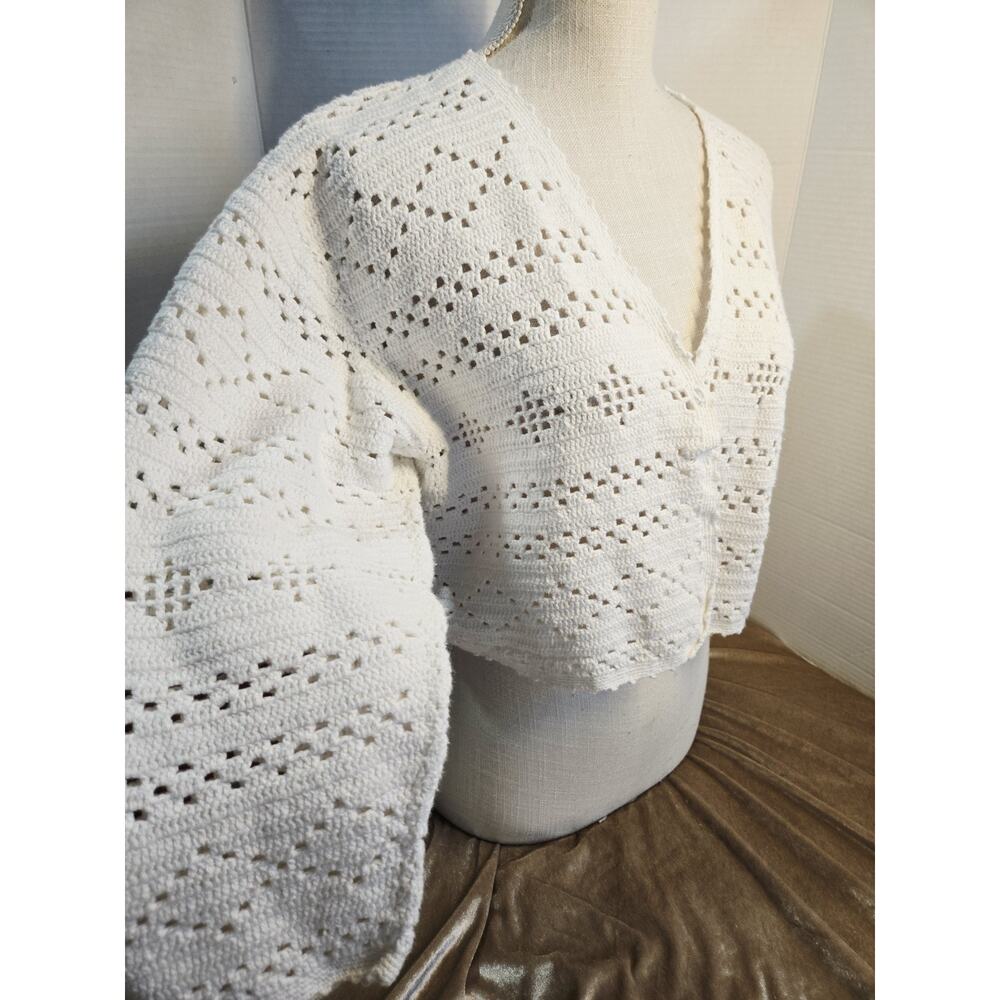 Vtg Lizsport L Crop Cardigan Women White Crochet Cotton Coastal Relaxed Luxury